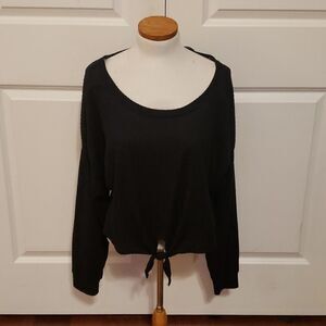 Curvy Sense Womens 3X Black Ribbed‎ Knit Tie Front Long Sleeve Scoop Neck Top